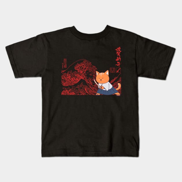 Samurai Cat And The Great Wave Kids T-Shirt by Donald Agunikyle Merch